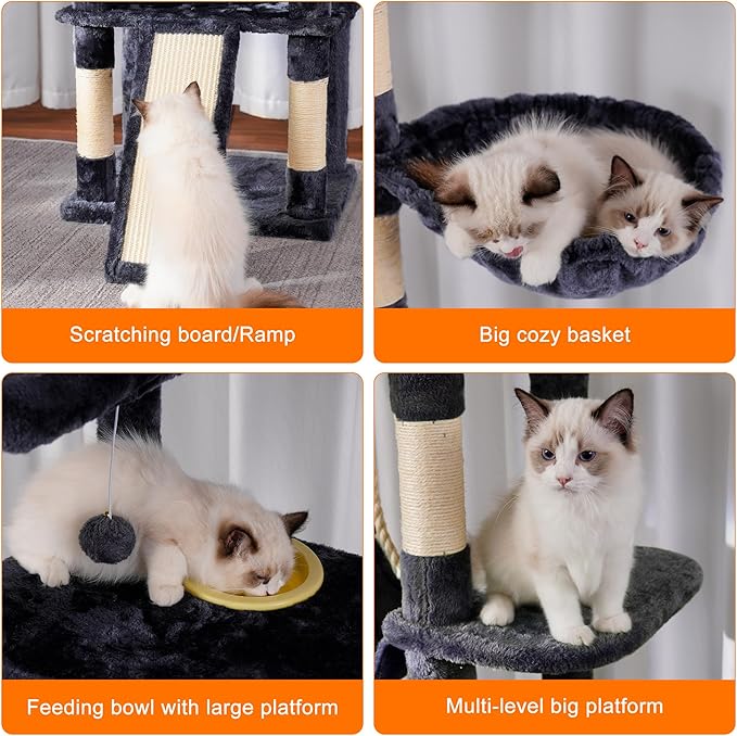 Heybly Tall Cat Tree, 78-inch Multi-Level Cat Tower for Indoor Cats, 2 Widened Plush Perches Cat Condo with Scratching Board and Big Caves, Smoky Gray HCT033G