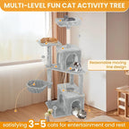 54 Inch Multi-Level Cat Tree Tower with Hammock, Condos & Scratching Posts, Large Cat Furniture for Indoor Cats with Pompoms, Light Grey