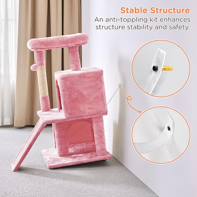Yaheetech Cat Tree for Indoor Pets, 36in Tower Condo w/Extra Large Perch, Scratching Posts, Board, Dangling Ball, Play Structure for Kittens & Adult Cats, Pink