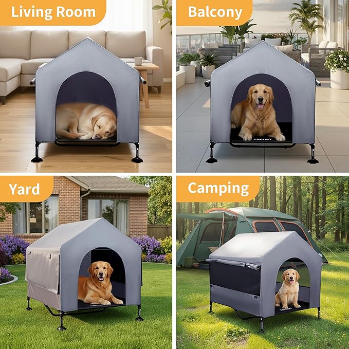 42" Dog House Outdoor Indoor with Breathable Mesh Windows, 2-in-1 Outside Dog House Elevated Dog Bed Cot Dog Tent Shade Shelter, Easy to Assemble & Clean (42 INCH)