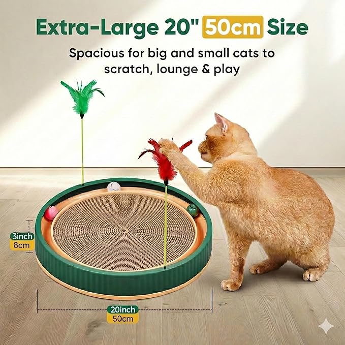 20-Inch Round Cat Scratcher Bed with Ball Track – 3-in-1 Interactive Cardboard Scratching Pad with Feather Toy & Non-Slip Base – Great for Indoor Cats, Active Kittens & Large Breeds (Green)