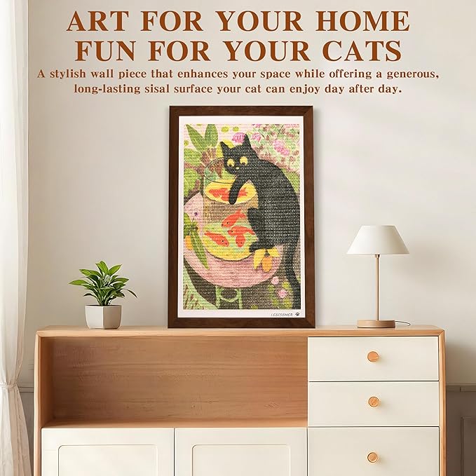 Wall Art Cat Scratcher Sisal Mat, No-Drill Wall Mounted Cat Scratch Pad with Frame, 13.8 x 21.7 Inch Cat Wall Scratchers for Indoor Cats（Goldfish）