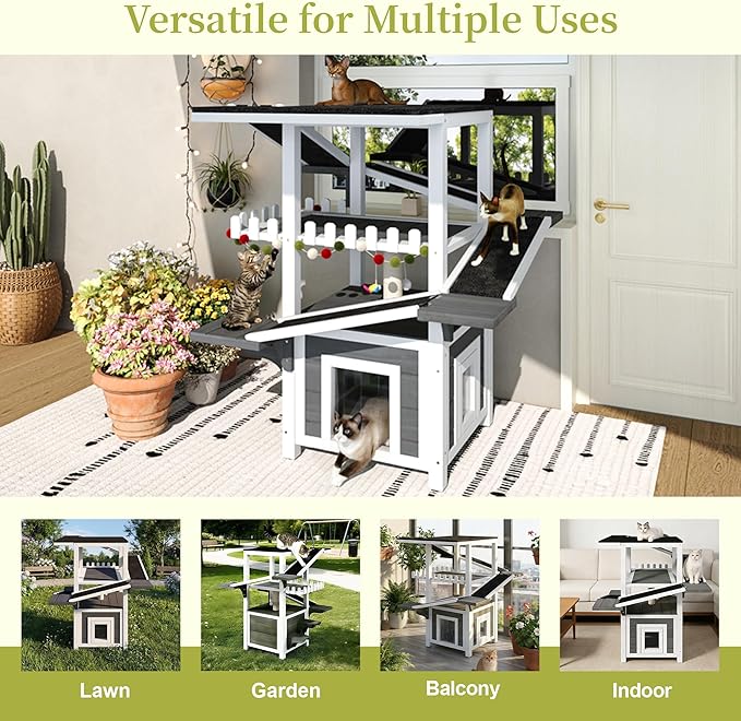 Merax 4 Tiers Outdoor Cat House, Weatherproof Cat Tree Tower with Waterproof Roof and 2 Doors, Feral Cat Shelter Outside Enclosure, Multi-Level Play Zones with Balcony for Small Animals