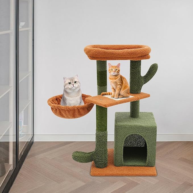 Cat Tree, 30.3in Cat Scratching Climbing Frame, Cactus-Shaped Cat Tree, Double Condos, Scratching Posts, Floor Mount, Soft Surface for Families, Pet Stores, Cat Houses,