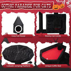 64" Gothic Cat Tree with Coffin Bed, Multi-Level Tall Black Cat Tower Cats with Top Perch, Spacious Condos, Spider Hanging Balls, Scratching Post and Ladder for Large Cats 22 lbs, Black & Red