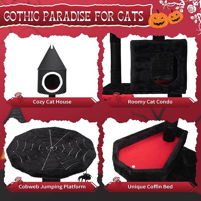 64" Gothic Cat Tree with Coffin Bed, Multi-Level Tall Black Cat Tower Cats with Top Perch, Spacious Condos, Spider Hanging Balls, Scratching Post and Ladder for Large Cats 22 lbs, Black & Red