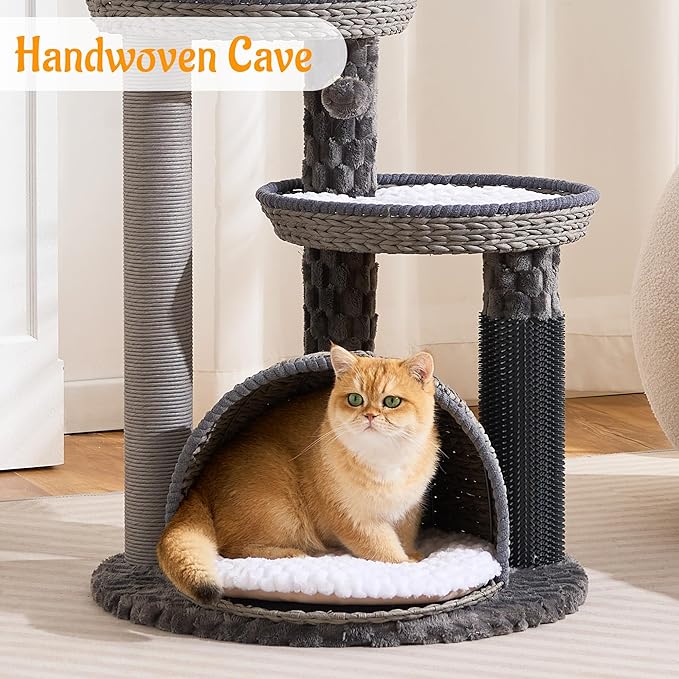 HITTITE Modern Cat Tree Tower with Scratching Post, 46 Inches Tall Cat Towers with Woven Cat Nests and Cave, Multi-Level Cat Tree With Removable Cushions and Massage Brush for Indoor Cats Large Adult.