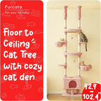 Pink Cat Tree, Floor to Ceiling Cat Tower Adjustable Height [92.9-102.4 in=235-258cm], 7 Tiers Cat Climbing Play House with Scratching Post, Cozy Condo & Hammocks for Indoor Cats