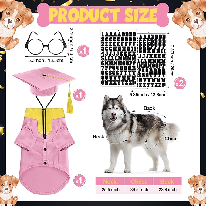 5 Pcs Dog Graduation Costume Set Include 2026 Pet Graduation Gown with Stole Puppy Grad Cap Lensless Glasses DIY Letter Stickers for Dogs Cats Holiday Costume Accessory(Pink Yellow,XXL)