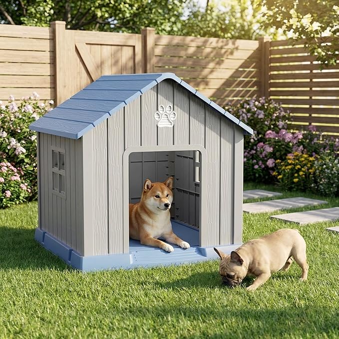 VIXZEN Dog House Outdoor, 31 Inches Weatherproof Resin Dog House Indoor Large with Air Vents & Elevated Floor, Doghouse Outdoor for Large Dogs, Easy Assembly, Versatile Storage Functionality, Blue