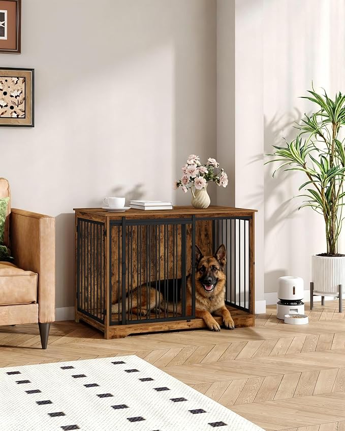 43.3" Dog Crate Furniture with Barn Door, Heavy Duty Dog Kennel Indoor with 2 Doors, Wooden Pet Cage End Table for Large Small Medium Dogs, Anti-Chew Anti-Escape, Rustic Brown DFC92301B
