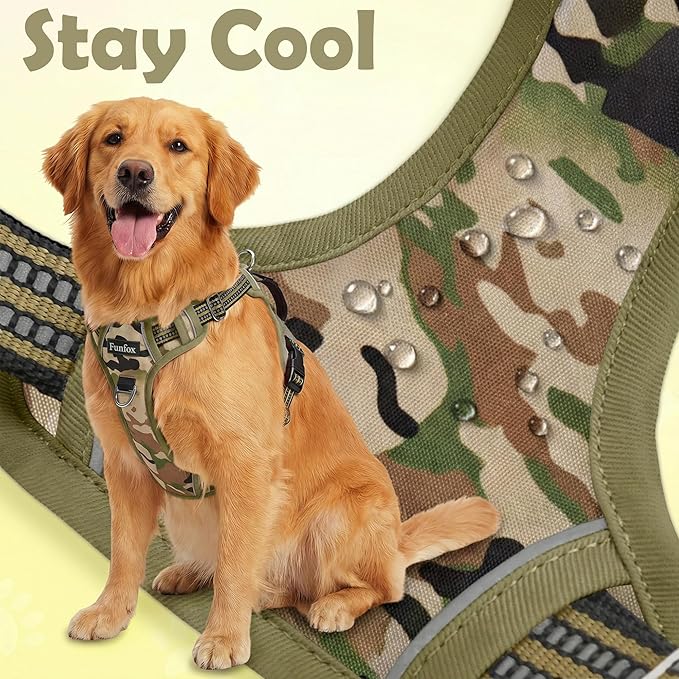 Funfox Dog Harness No Pull, Adjustable Pet Vest Harness, Super Soft Material with Vertical Handle Easy Control, Reflective Night Walking, 2 Leash Clips for Small Sized Dogs, Camo Green, S
