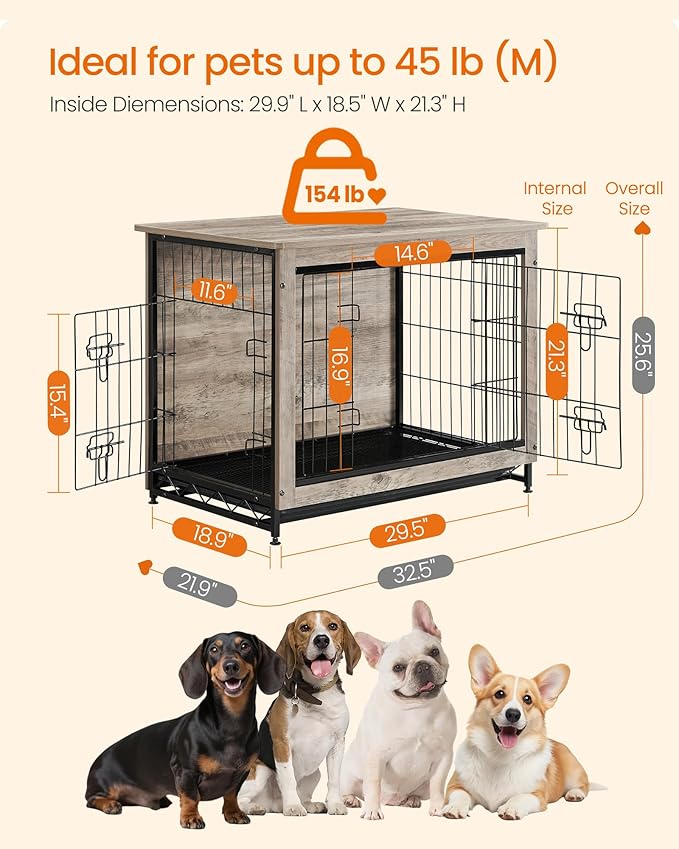 Feandrea 32.5" Dog Crate Furniture, Indoor Dog Cage Side End Table, L Pet Wood Kennel for Large and Medium Dogs up to 45 lb with Multi-Purpose Removable Tray, Double-Door Pet House, Greige