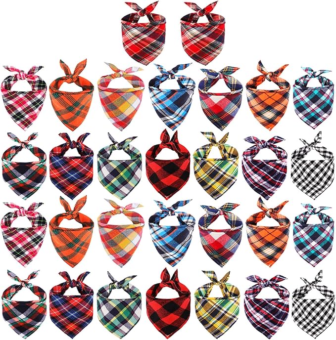 Segarty Dog Bandanas, 30 Pack 22.8"x15.7" Pet Scarf Triangle Plaid Bibs Accessories Bulk for Medium Small Cats Dogs Large Puppy Dogs, Adjustable Washable Reversible Boy Pets Birthday Kerchief