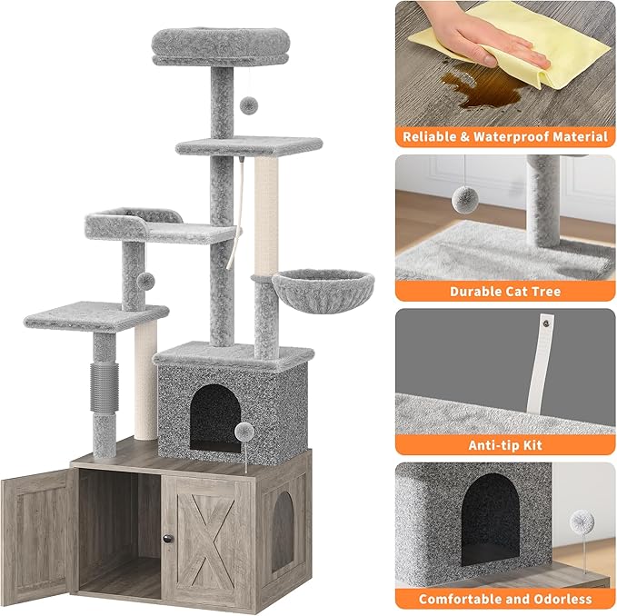 Cat Tree with Litter Box Enclosure Large, Multilevel Cat Play House with Large Condo, Spacious Hammock, Cozy Top Perch,Scratching Post and Dangling Balls,Wooden Cat Furniture for Indoor Cats,Grey