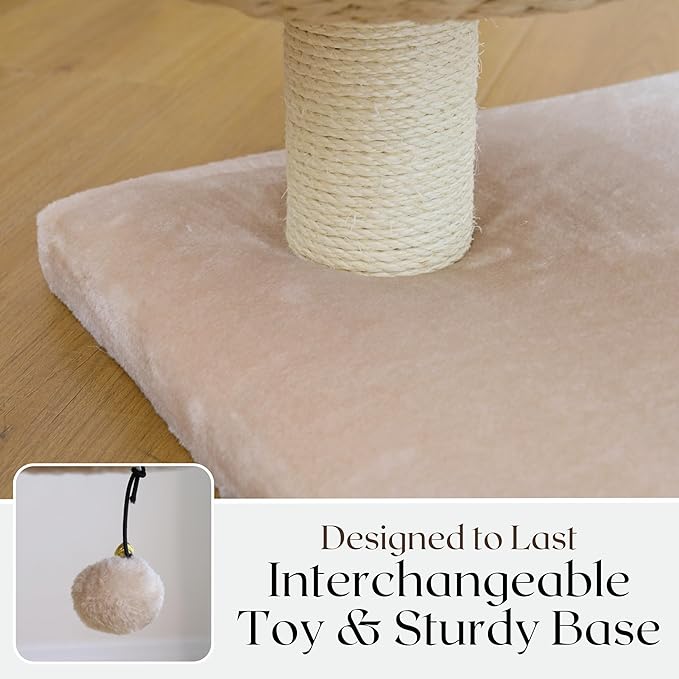 PetPals 23" High Handwoven Recycled Paper Rope Baskets Bed and Perch, Sisal Scratching Post, Playful Teaser Toy, Washable Cushion, for Indoor Cats (Beige)