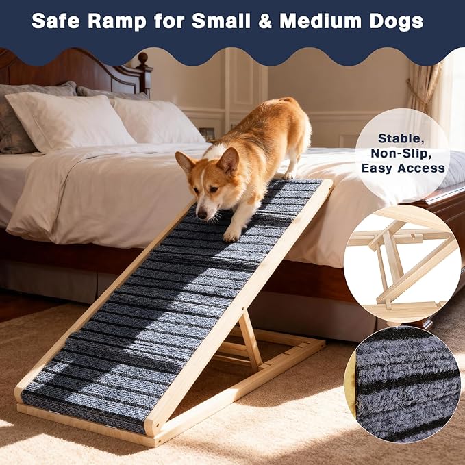 Adjustable Wooden Dog Ramp for Small & Medium Dogs, 39.4" Long x 15.8" Wide Portable Pet Ramp for Bed, Couch, Sofa & Car, Anti-Slip Carpet, Lightweight Foldable Indoor Outdoor Travel Dog Ramp