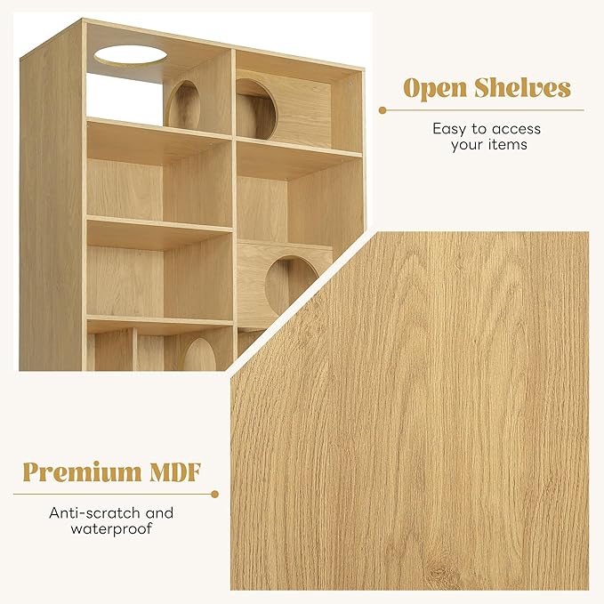 Bookcase Wooden Cat Tree, Natural Color Bookshelf Indoor Cat House Pet Furniture, Display Case with Storage, Cat Litter Box Enclosure Climbing Shelf