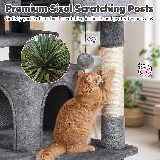 Tangkula Cat Tree Tower, 52 Inch Multi-Level Cat Tower with Sisal Scratching Posts, Cushioned Top Perch, Large Dual Condos & Ladder, 2 Hanging Balls, Jumping Platforms for Indoor Cats (Light Gray)