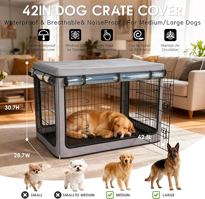 Dog Crate Cover, Heavy Duty Waterproof Abrasion-Resistant and Scratch-Resistant Knife-Scraped Fabric with Breathable Mesh & Detachable Sunshade, Dog Cage Cover Universal Fit for Wire Crates (42-Inch)
