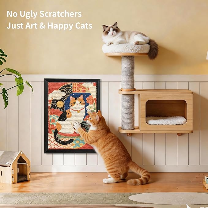 Art Cat Scratcher, Wall Mounted Sisal Cat Scratcher for Indoor Cats 17.01x13.1x1.18 Inches, Furniture Protector, Cat Scratch Rug, Decorative Cat Wall,Easy Install,No Drilling