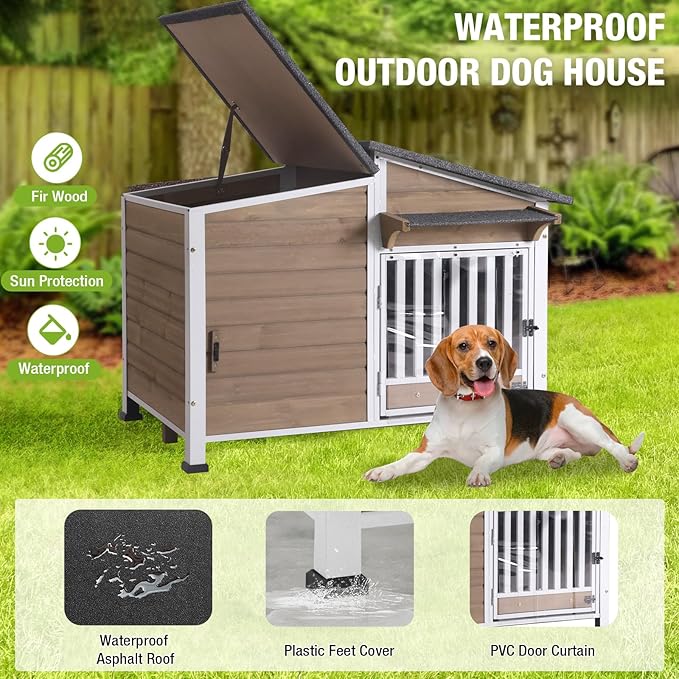 GUTINNEEN Heated Dog House Outdoor with Heating Pad and Insulated Liner, Wooden Dog Kennel with Anti-Chewing Metal Frame, Weatherproof Dog Shelter with Bowls for Outdoor or Indoor Use (Light Brown)
