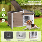 GUTINNEEN Dog House Outdoor or Indoor with Anti-Chewing Metal Frame, Dog Kennel with Bowls, Weatherproof Dog Shelter with Removable Floor, PVC Door Curtain for Small Medium Dogs (Light Brown)