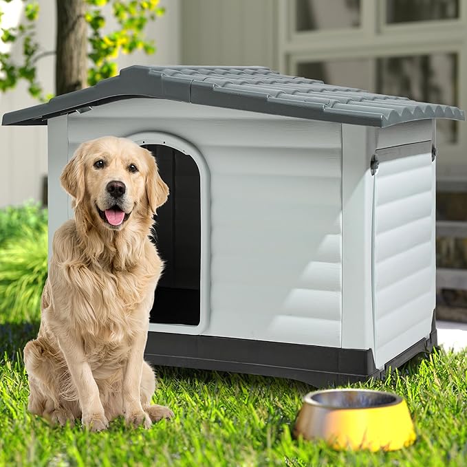 DWVO 43.7'' 2-Door Dog House with Elevated Base & Cushion, Plastic Pet House for Small, Medium, and Large Dogs, Easy Assembly, Water-Resistant for Indoor/Outdoor Use (43.7''L x 33''W x 31.6''H)