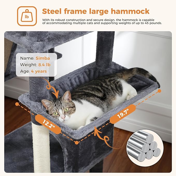 PAWZ Road Large Cat Tower, 70 Inches Tall Cat Tree with 2 Cozy Condos, 2 Plush Perch, Large Basket, 2 Scraching Pad & 6 Scraching Posts for Indoor Cats Adult, Dark Gray