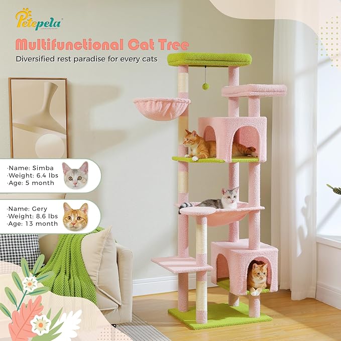 PETEPELA 69" Tall Cat Tree for Indoor Large Cats, Cat Tower for Adult Cats with Big Hammock, Cat Climbing Tree Tower with Scratching Posts, Condo House and Large Top Perch, Pink Green