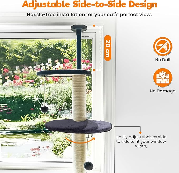 Window Cat Tree & Small Cat Tower (89.5-105.5cm) – Adjustable Cat Window Perch & Shelf for Indoor Cats – Sturdy Window Sill Extender Seat for Large Cats