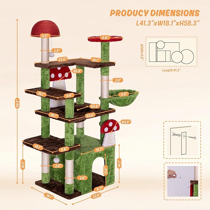 IRONCK Mushroom Cat Tree for Indoor Cats, 58" Multi-Level Cat Tower with Scratching Posts, Anti-Tip Extra Wide Base, Plush Cat Condo & Hammock Furniture for Cats, Easy Assembly
