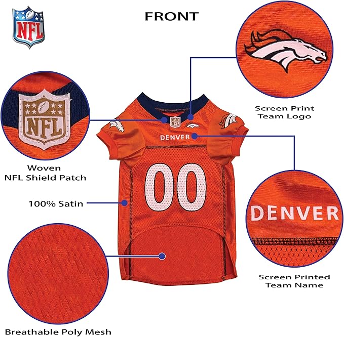 Pets First NFL Denver Broncos Dog Jersey, Size X-Large, Football Shirt Costume for Pet, Dog Sports T-Shirt, NFL Team Clothing for Cats, Licensed Pet Apparel Available in 7 Sizes and 32 Teams
