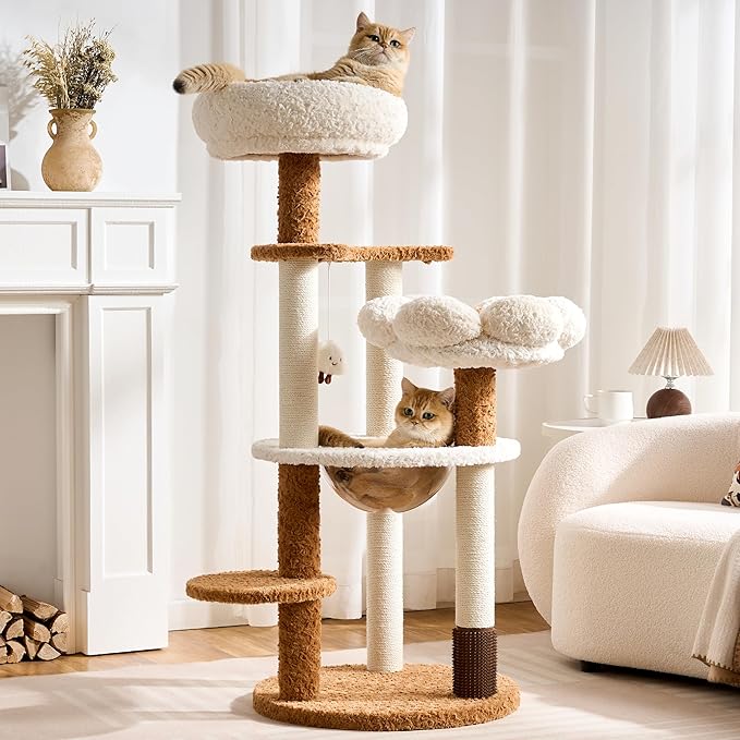 Modern Cat Tree Tower with Scratching Post for Indoor Cats Up tp 15lbs, 50.5" Tall Cat Tree with Flower/Fluffy Cat Beds, Acrylic Capsule, Multi-Level Platforms & Interactive Toy, White & Brown