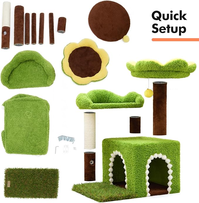 Flower Cat Tree with Cat Condo for Indoor Cats, 29" Cat Tower with Sisal Scratching Post and Top Perch, 3-in-1 Multi-Level Cat Tower for Small Cats and Kittens