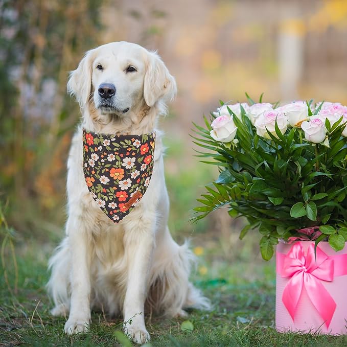 ADOGGYGO Floral Dog Bandana, Black Pink Flower Pet Scarf, Premium Durable Fabric, Cute Floral Bandanas for Medium Large Dogs (Large)