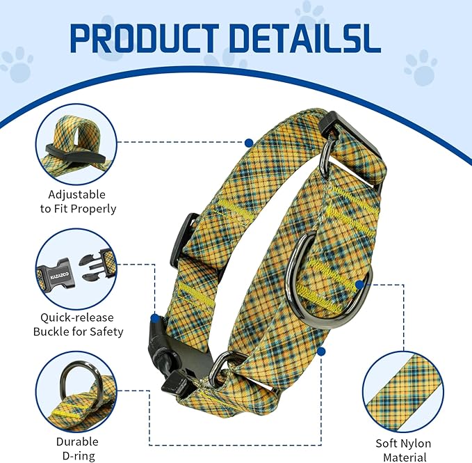Kazazoo Martingale Collar for Dogs with Quick Release Buckle Adjustable Soft Durable Dog Collar for Small Medium Large No Pull Training Dog Collars-Yellow&Blue Plaid S
