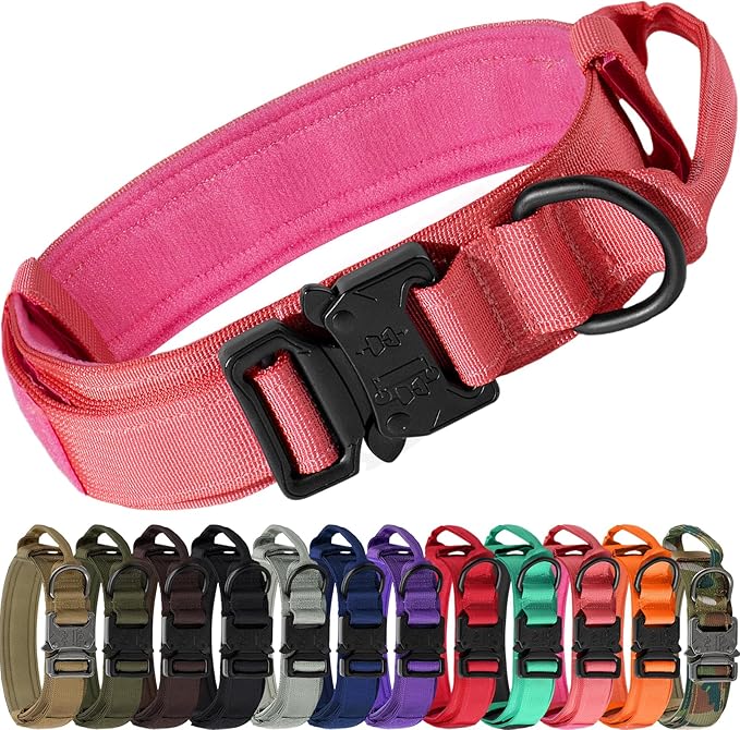 Joytale Tactical Dog Collar with Handle and Metal Buckle, Heavy Duty Padded Military Collar with 2 Patches for Training, Adjustable for XLarge Dogs, Hotpink, XL
