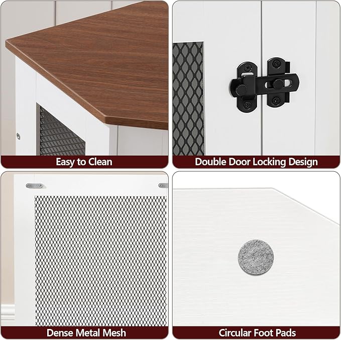 Corner Dog Crate Furniture, Wooden Dog Kennel End Table, Decorative Pet Crate Indoor Use, Furniture Style Dog House for Small Medium Dog, Dog Cage TV Stand, White and Walnut DCBA0801