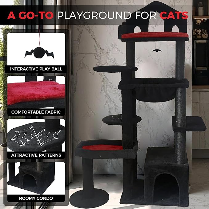 Gothic Cat Tree Tower 58" - Spooky Cat Condo with Throne Bed, Hanging Bat, Sisal Scratching Posts & Multi - Level Platforms, Elegant Black Cat Furniture for Indoor Cats