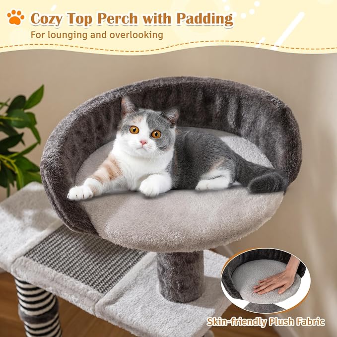 PETSITE 37-inch Small Cat Tree for Elder Cats, Modern Cat Tree Tower with Sisal Scratching Posts, Interactive Hanging Balls, Spring Ball, and Multiple Jumping Platforms with Sisal Scratching Boards