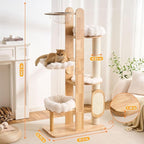 HITTITE Solid Wood Cat Tree Tower with Scratching Post, 64 Inches Tall Cat Towers with Scratching Board, Modern Cat Tower with Space Capsule and Removable Top Bed for Indoor Cats