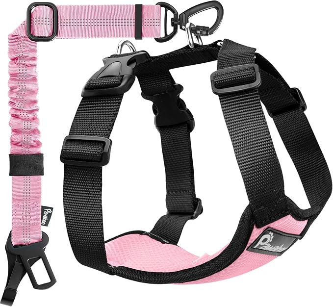 Pawaboo Dog Seat Belt Harness for Car, Dog Car Harness Seatbelt with Double Clips, Adjustable Breathable Pet Vest & Dogs Safety Tether with Elastic Bungee for Small Medium Large Pet, S, Pink + Black