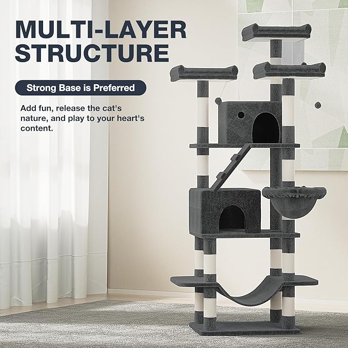 75" Large Cat Tree, Big Cat Tower for Indoor Cats, Tall Cat Tree with 3 Cushioned Perches, Sisal Scratching Posts, Cozy Basket, 2 Cat Condos. Smoky Gray