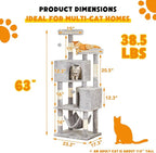 Cat Tree for Indoor Cats - 63in Multi-Level Large Cat Tower with 2 Big Cat Condos, 2 Padded Perches, Hammock, 6 Sisal-Covered Scratching Post and Toys for Kittens Pet Play House, Light Grey