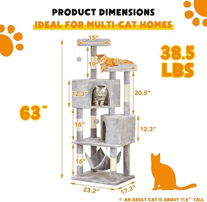 Cat Tree for Indoor Cats - 63in Multi-Level Large Cat Tower with 2 Big Cat Condos, 2 Padded Perches, Hammock, 6 Sisal-Covered Scratching Post and Toys for Kittens Pet Play House, Light Grey