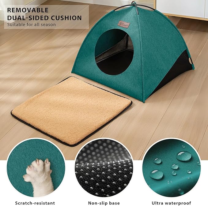 Pop-up Cat Tent Indoor Outdoor, Waterproof Cat House with Removable Cushion for All Seasons, Portable Pyramid Cat Cave Bed for Cats & Small Dogs, No Assembly Folding Pet Tent,18.9x18.9x15.4, Green