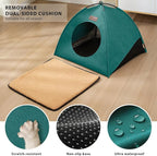 Pop-up Cat Tent Indoor Outdoor, Waterproof Cat House with Removable Cushion for All Seasons, Portable Pyramid Cat Cave Bed for Cats & Small Dogs, No Assembly Folding Pet Tent,18.9x18.9x15.4, Green