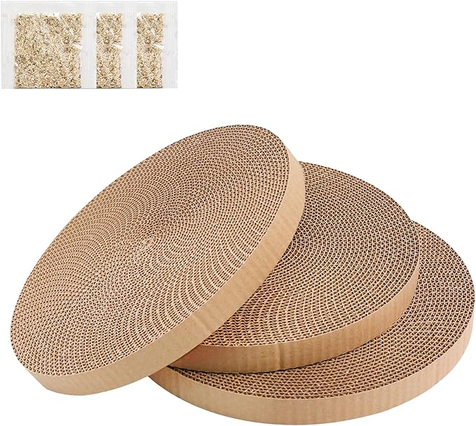 Round Cat Scratcher Refill 10 inch Diameter 7/8 Inch Thickness Circle Cardboard Cat Scratcher Replacement Pads Cat Scratching Boardcat Scratcher Pad for Indoor，3 PCS