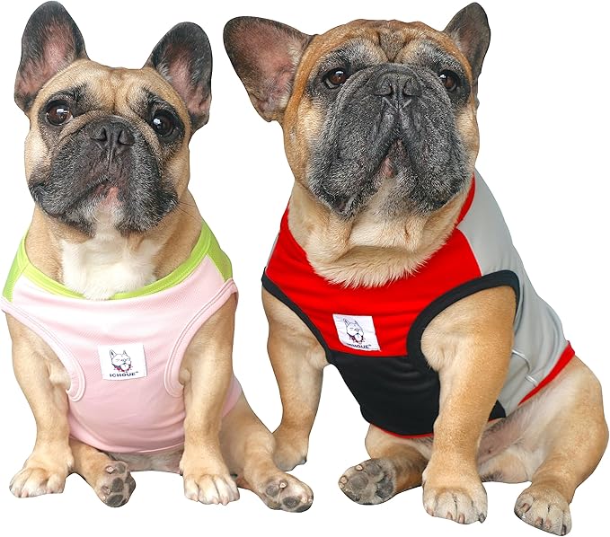 iChoue 2pcs French Bulldog Summer Cooling Shirt for Dogs UV Sun Protection Vest Sleeveless Breathable Tank Top English Pug Pink Green Red Grey - Medium